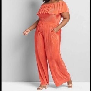 Lane Bryant Pink Jumpsuit with Ruffled Neckline and Wide-Leg Design